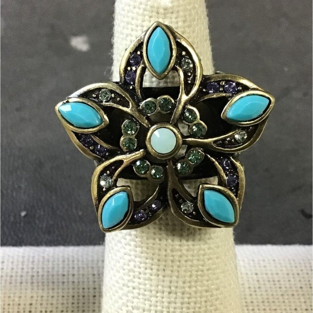 Heidi Daus Bronze Tone Ring W/ Blue & Purple Rhinestones M131